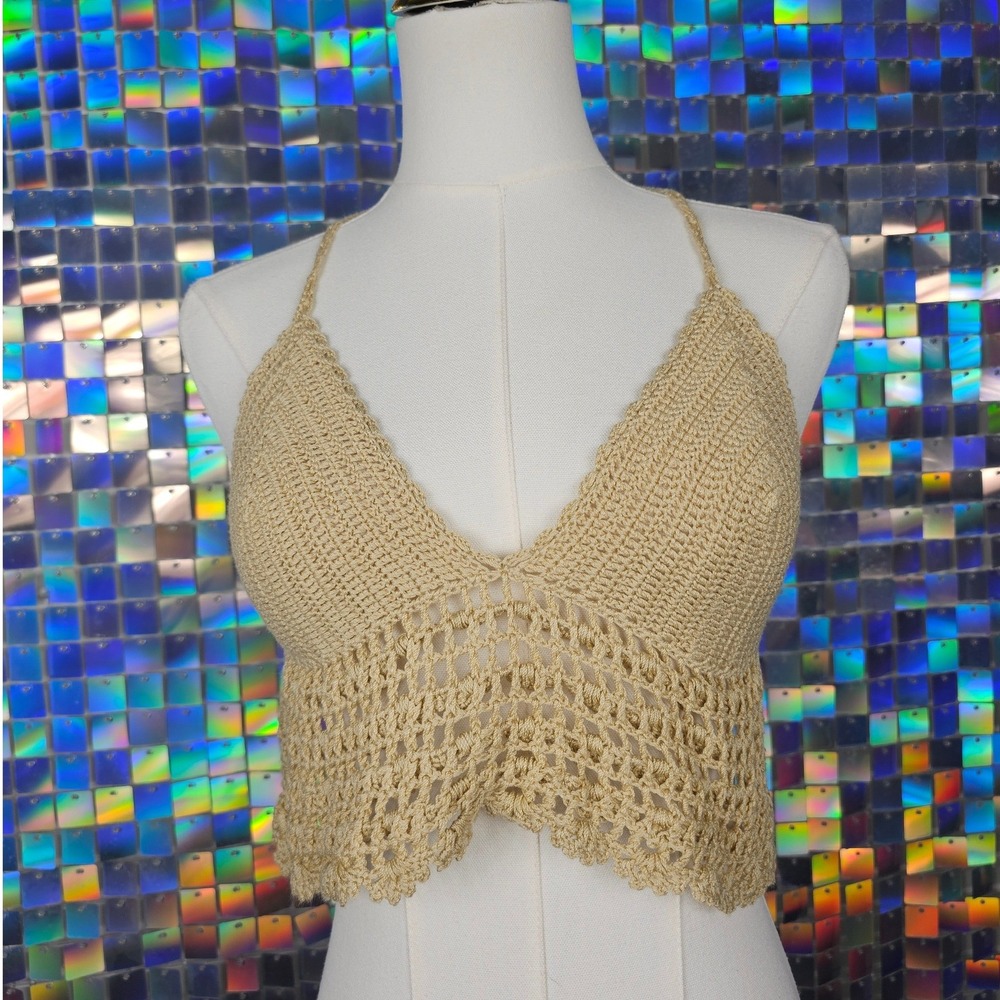 Crochet Halter Top Womens OS Tan Excellent Boho Festival Scalloped Hem‎ Beach